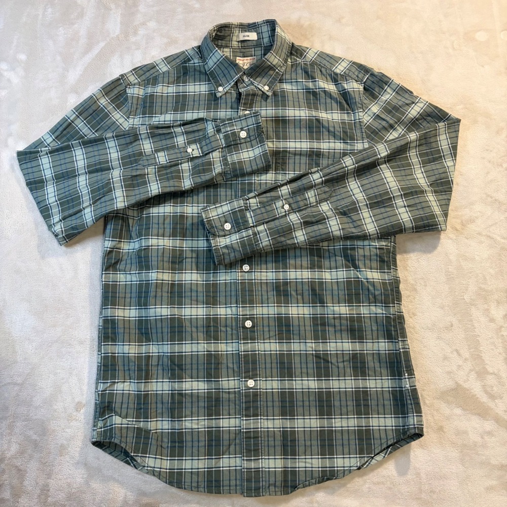 J.Crew Mens Slim American Pima Cotton Plaid Button Down Shirt Green Blue Small
